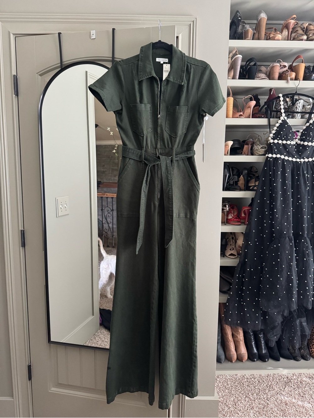 Good American Women's Dark Green Denim Jumpsuit with Tie Belt - Picture 2 of 3